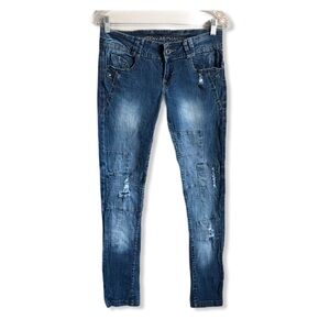 Blue Asphalt Distressed Patchwork Skinny Jeans